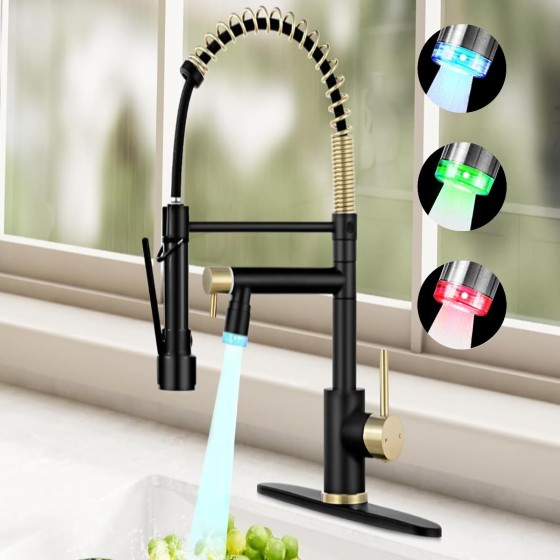 Smart kitchen faucet, 3-mode pull-out sprayer, LED temperature control, ceramic valve, 360-degree rotation, 1 or 3-hole plate, double nozzle. 21RK)