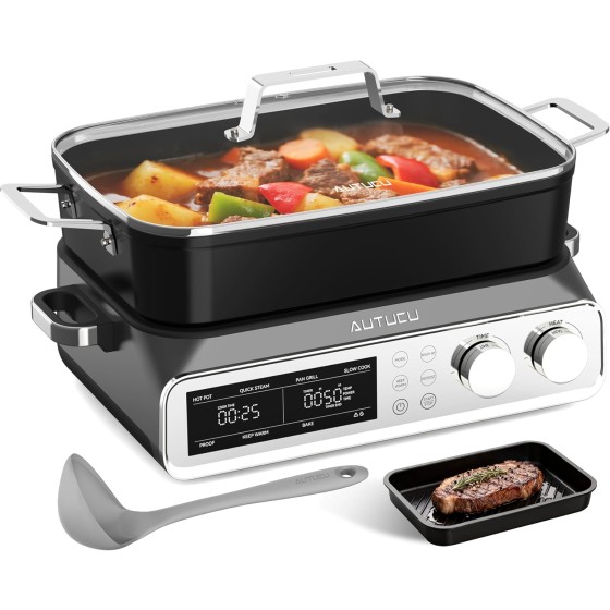 N21NA Pro Slow Cooker 10 quarts, 8-in-1 programmable non-perfluorooctanoic acid ceramic-coated multi-functional cookingware, with baking tray and steaming tray (including silicone spoons and tongs)